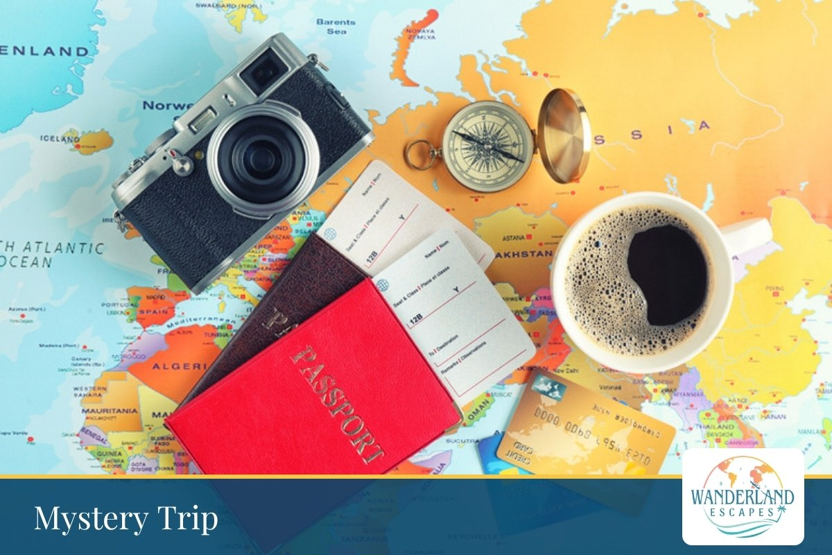 Passport, camera, compass, cash and coffee laid out on a world map