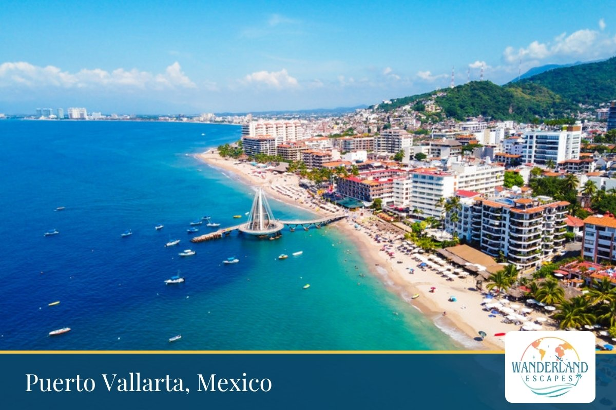 Aerial view of Puerto Vallarta's beach, hotels and bay
