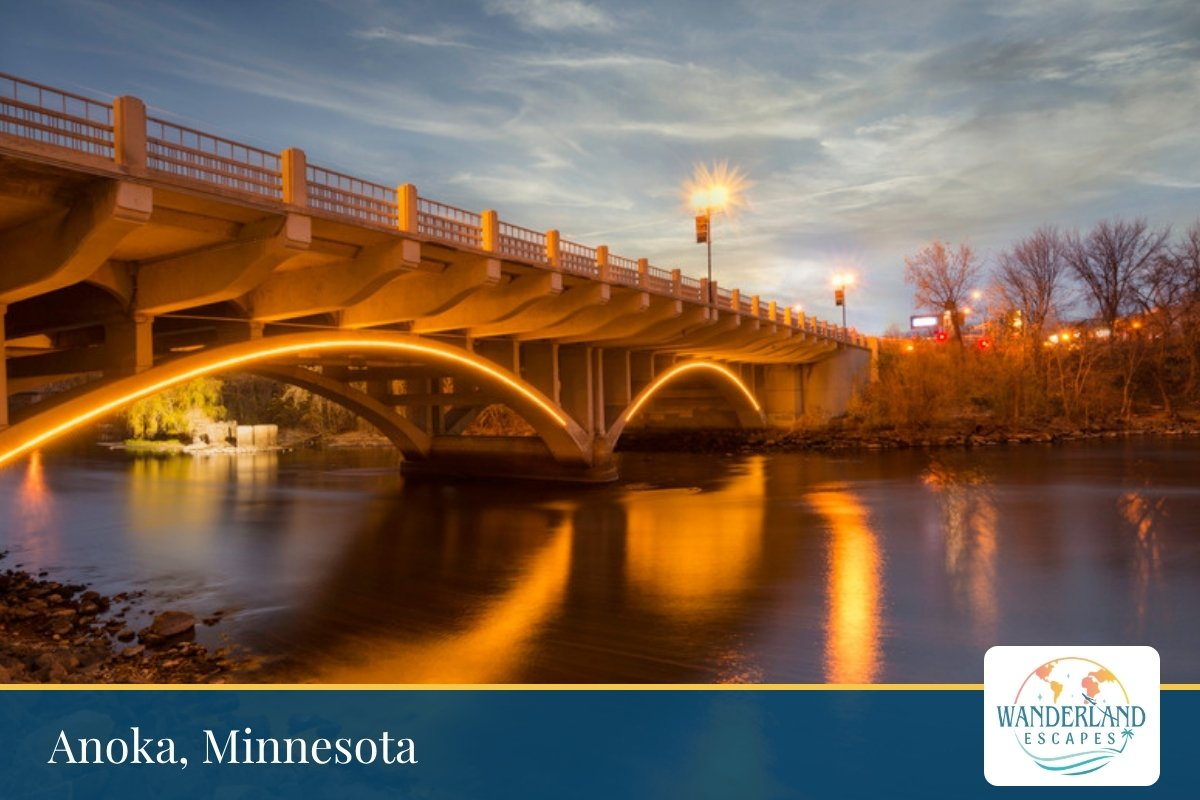 Bridge over the Rum River in Anoka, Minnesota at dusk