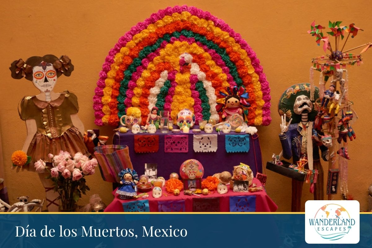 Day of the Dead ofrenda decorated with marigolds, candles and sugar skulls