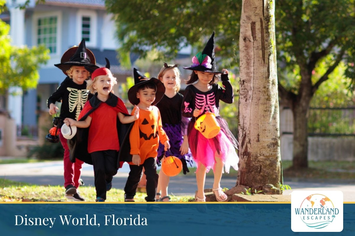 Children in Halloween costumes trick-or-treating on a neighborhood sidewalk