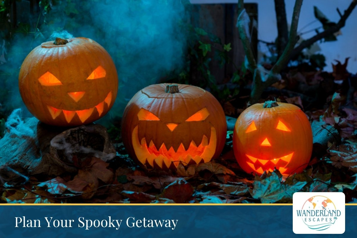 Three glowing jack-o'-lanterns among autumn leaves