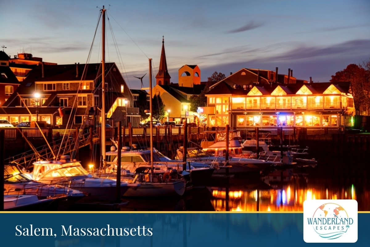 Salem, Massachusetts harbor and waterfront at dusk