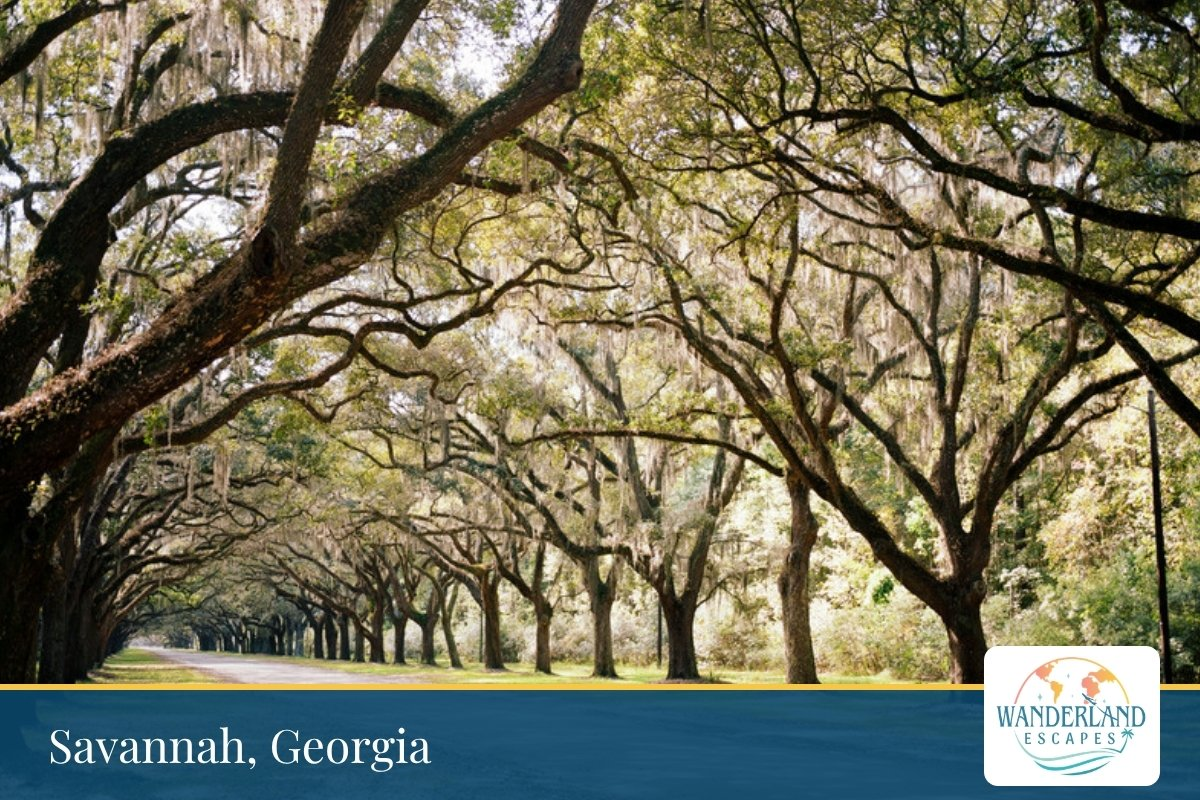 Live oaks draped in Spanish moss in Savannah, Georgia