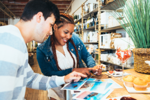 couple looking at travel photos