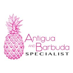 A pink line drawing of a pineapple next to the words Antigua and Barbuda Specialist in pink and black text