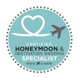 Certified Honeymoon & Destination Wedding Specialist Travel Leaders logo with a heart and airplane icon